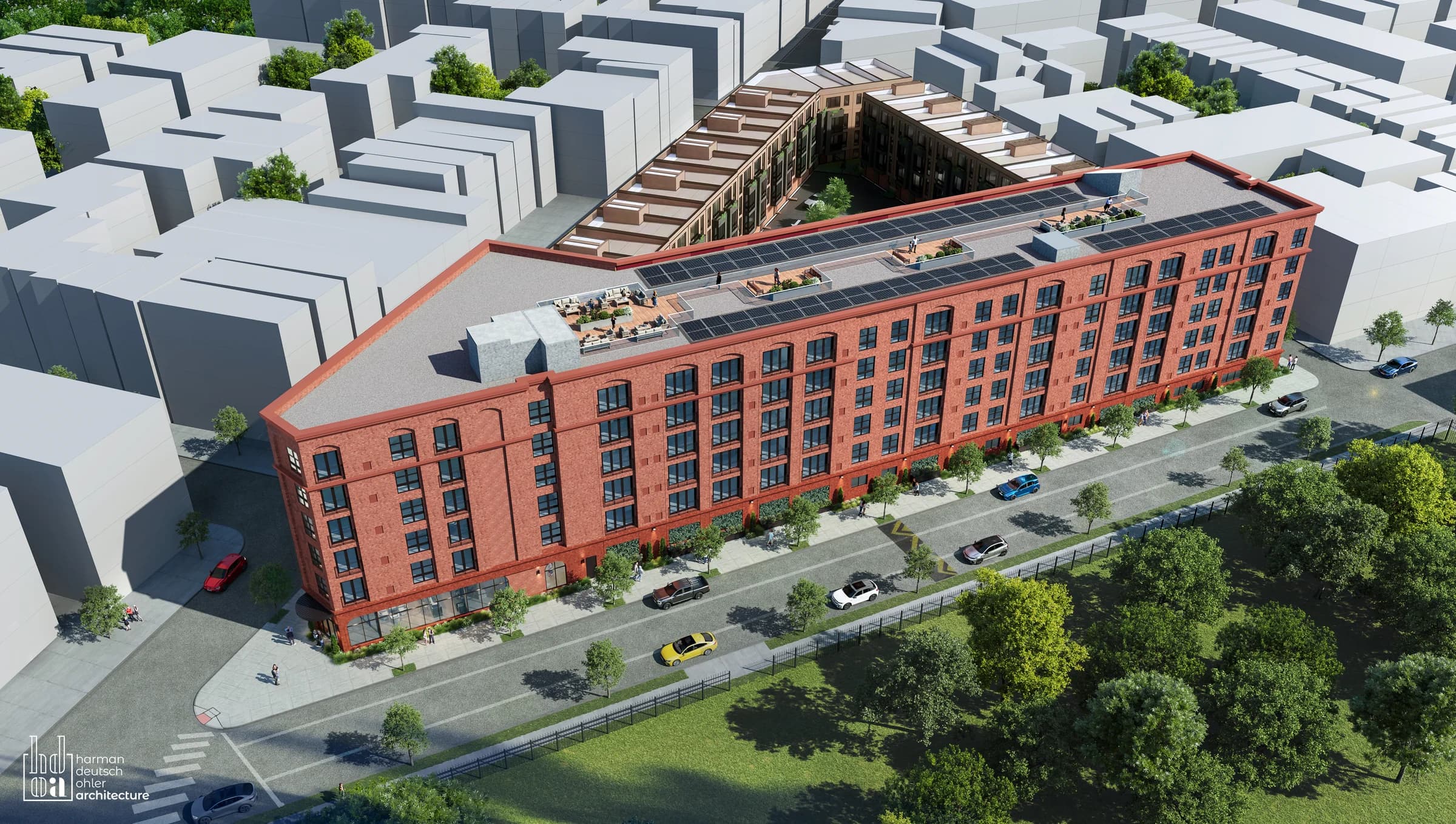 Aerial architectural rendering of Cameron Square showing the building design, courtyard and surrounding blocks