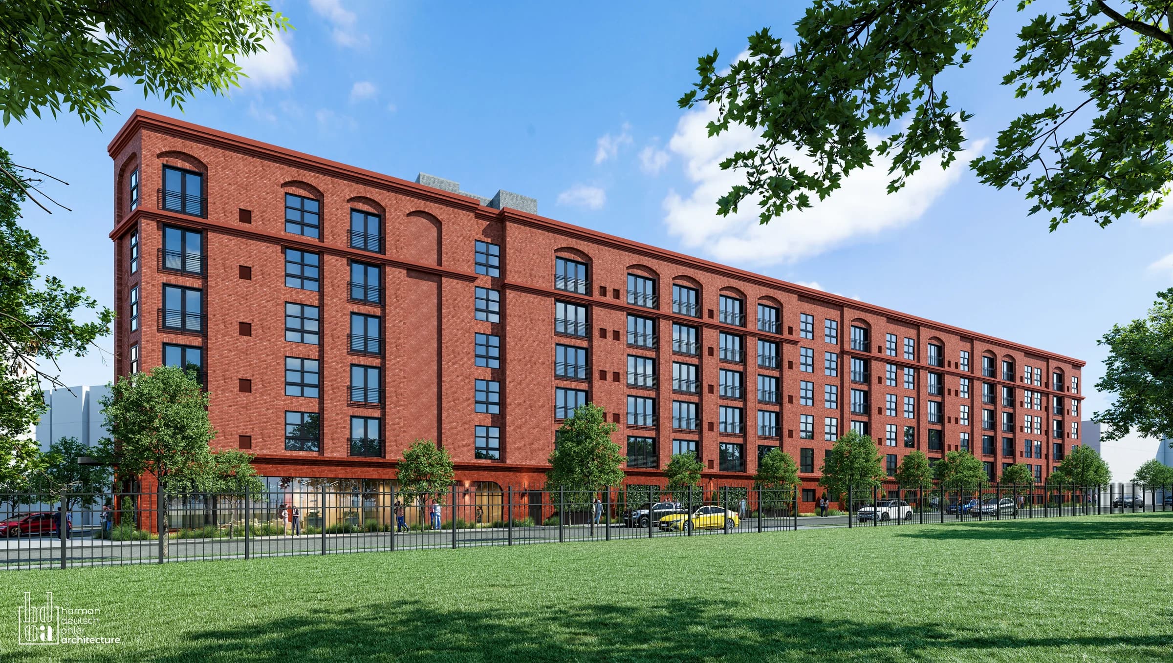 Cameron Square architectural rendering of the long brick frontage viewed across a green space
